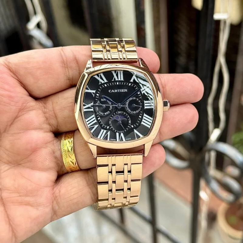 Cartier Santos De Rose Gold Black Dial Watch