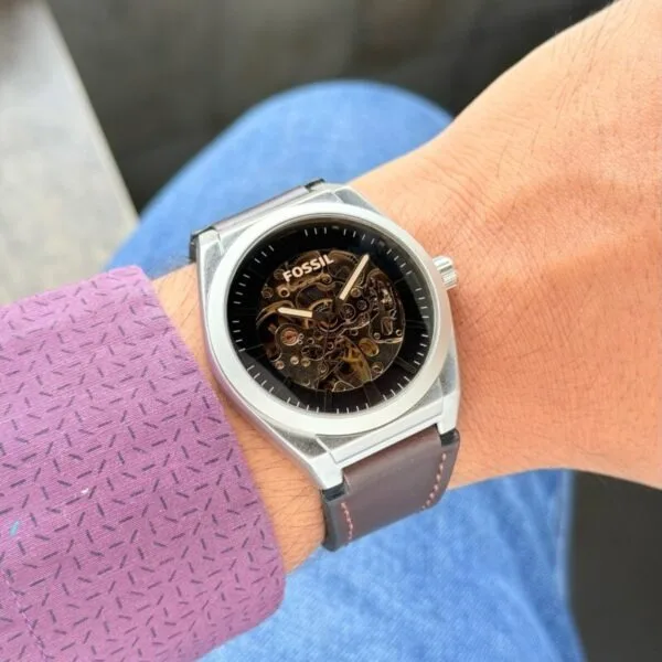 Fossil Everett Black Skeleton Dial Grey Strap