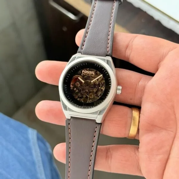 Fossil Everett Black Skeleton Dial Grey Strap