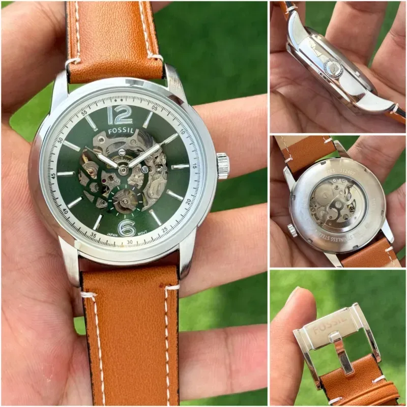 Fossil Heritage Green Skeleton Dial Leather Strap