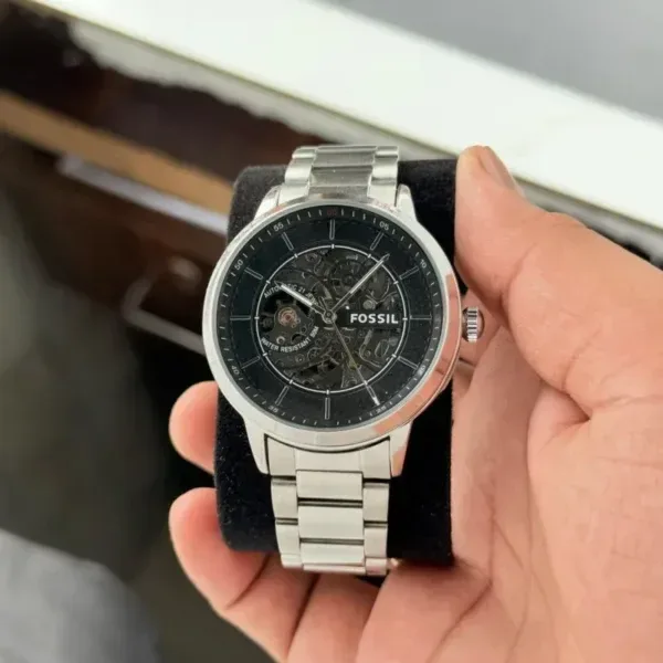 Fossil Silver Black Skeleton Dial