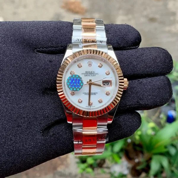 Oyster Perpetual DateJust Fluted Rose Gold Bezel White Dial Rolex