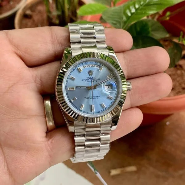 Rolex Day-Date Blue Dial Fluted Bezel Semi Swiss Movement