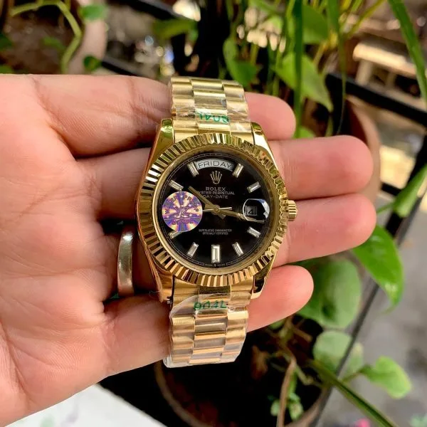 Rolex Day Date Gold Black Dial Fluted Bezel