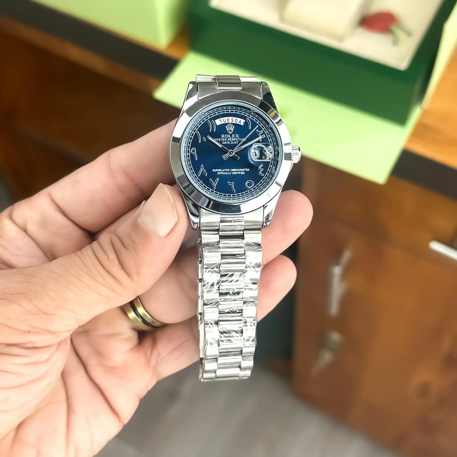 Rolex Day-Date Quartz Silver Blue Watch